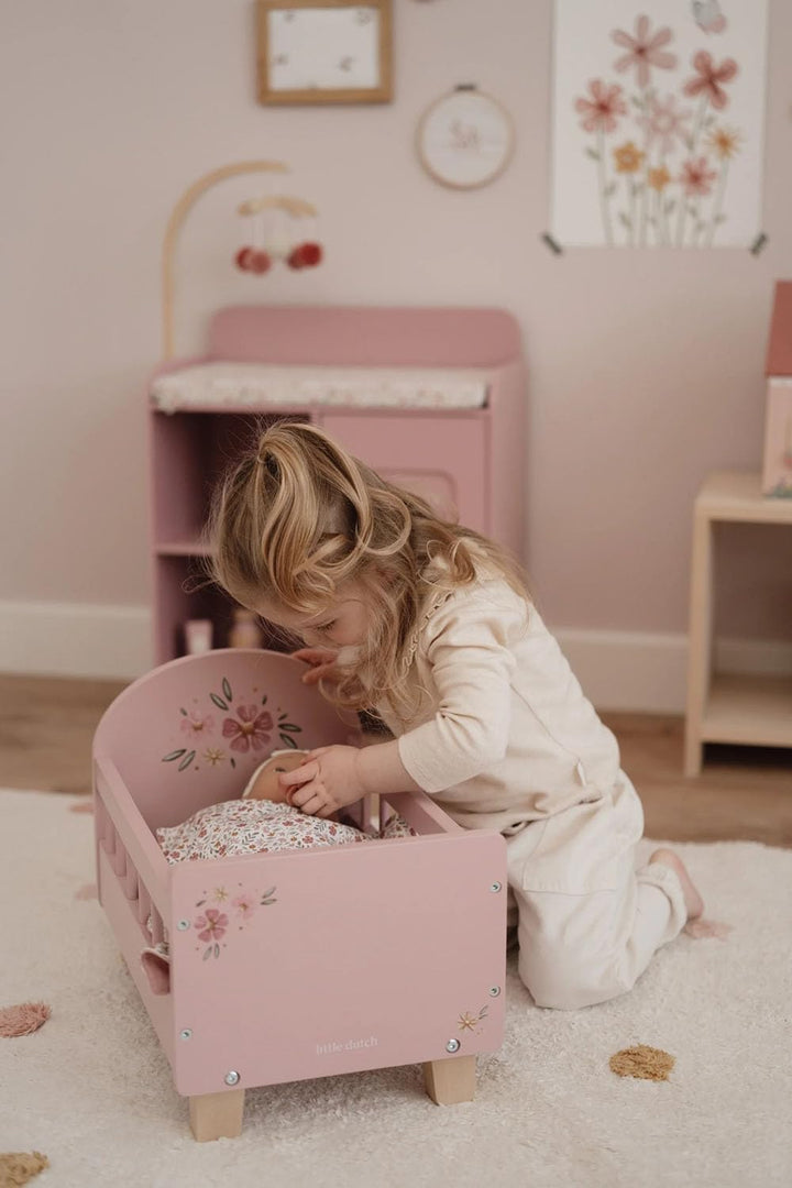 Little Dutch Puppenbett Bett für Babypuppen Puppen Holz rosa mit Blume - rosa