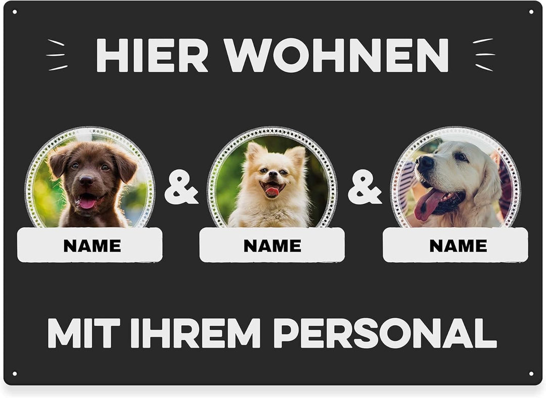 Hunde Schild personalisiert - Hier wohnt mit Personal - Metallschild mit Foto und Name für aussen, w