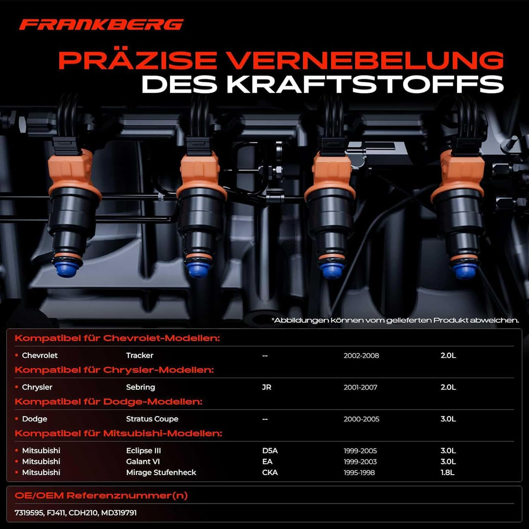 Frankberg 4x Einspritzventil Einspritzdüse Injektor für Sebring JR Tracker Stratus Coupe Eclipse III