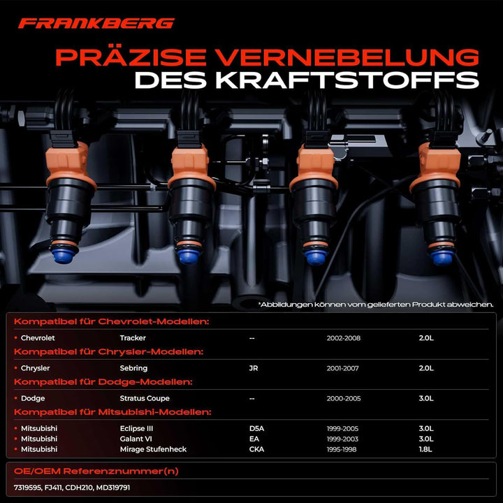 Frankberg 4x Einspritzventil Einspritzdüse Injektor für Sebring JR Tracker Stratus Coupe Eclipse III