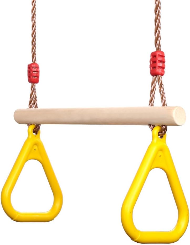 PELLOR Multifunktions Kinderholz Trapeze Schaukel mit Kunststoff Turnringe zum Aufhängen belastbar b