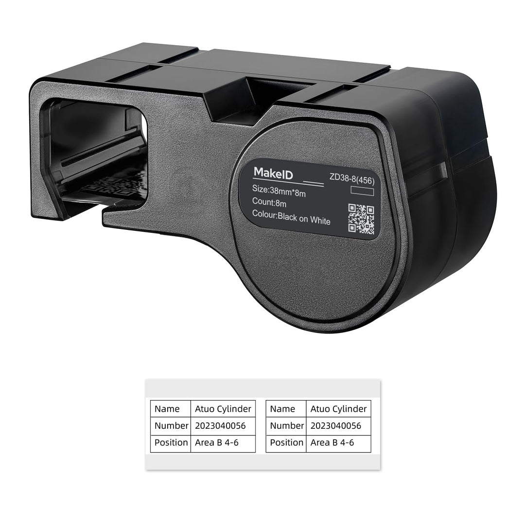MakeID PET-Etiketten für Industrie-Etikettendrucker D50 – Schwarz auf Weiss, 38 mm x 8 m, Innen-/Aus