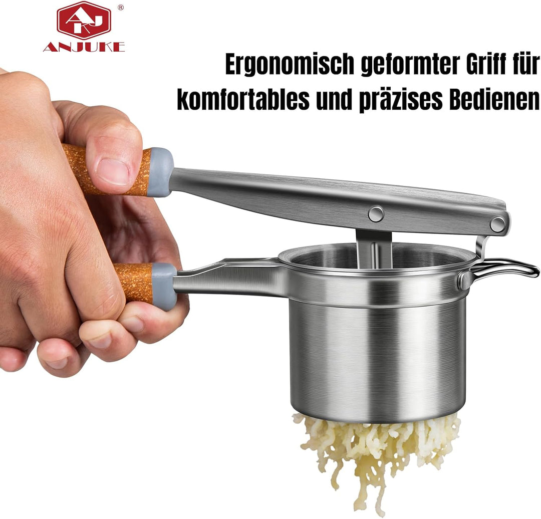 Kartoffelpresse Edelstahl mit fester Scheibe, Robuster Kartoffelstampfer mit Holz-Kunststoff-Griff,