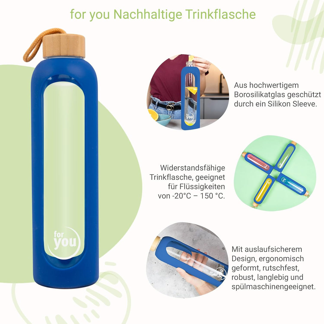 for you Nachhaltige Trinkflasche | 1000ml aus Glas mit Silikonhülle &amp; spülmaschinenfest | 1Liter Aus