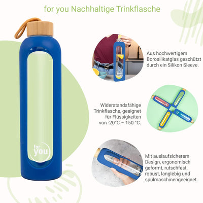 for you Nachhaltige Trinkflasche | 1000ml aus Glas mit Silikonhülle & spülmaschinenfest | 1Liter Aus