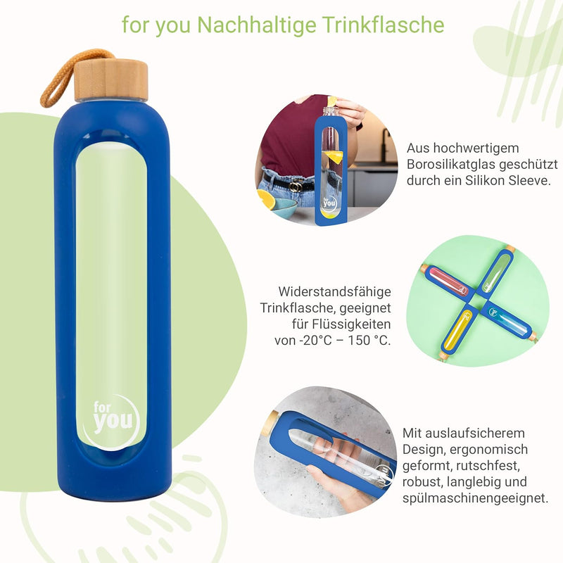 for you Nachhaltige Trinkflasche | 1000ml aus Glas mit Silikonhülle & spülmaschinenfest | 1Liter Aus