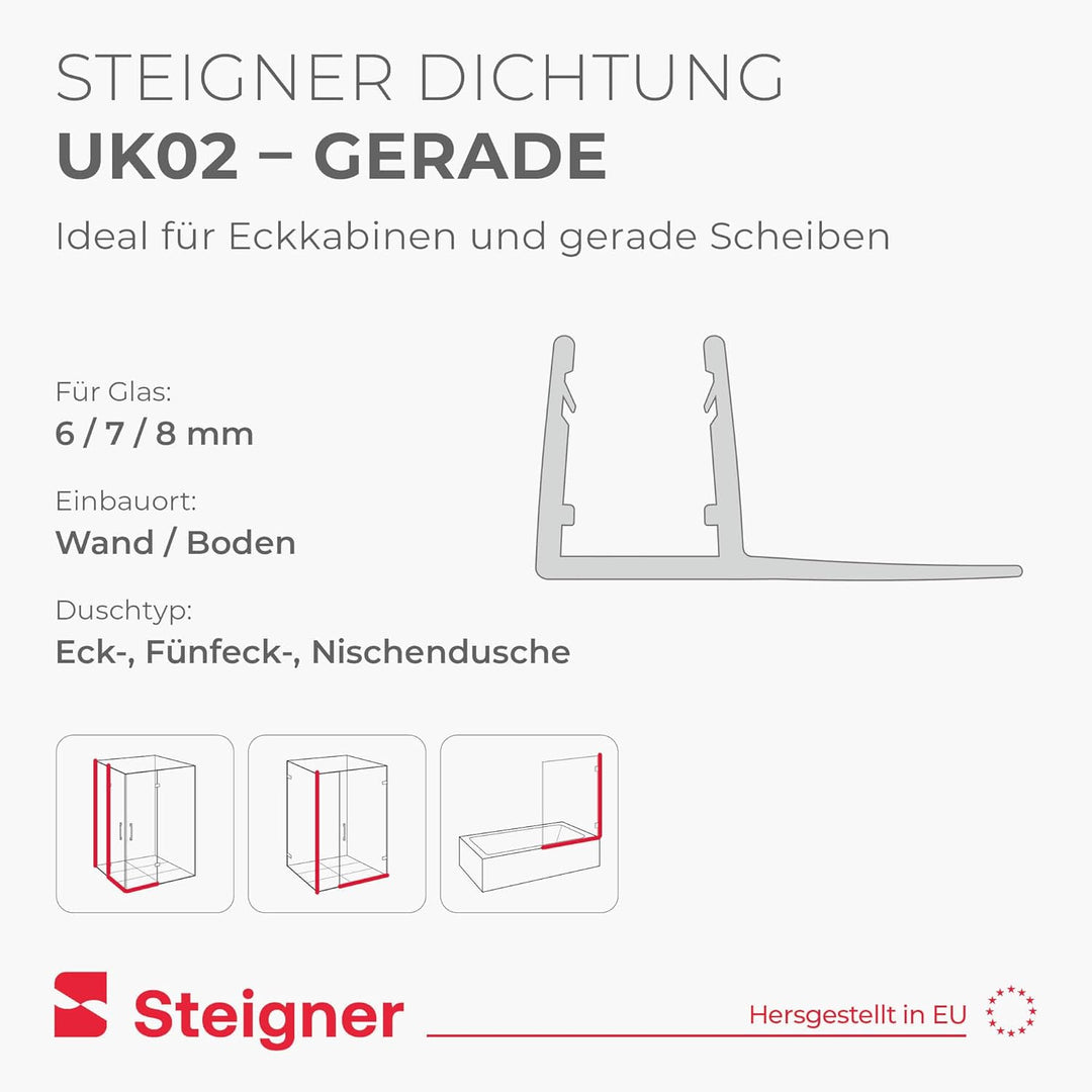 STEIGNER Duschdichtung, 140cm, Glasstärke 6/7/ 8 mm, Gerade PVC Ersatzdichtung für Dusche, UK02 UK02