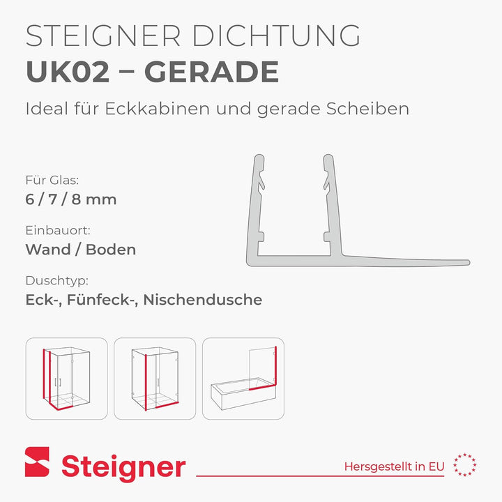 STEIGNER Duschdichtung, 140cm, Glasstärke 6/7/ 8 mm, Gerade PVC Ersatzdichtung für Dusche, UK02 UK02