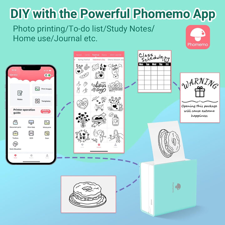 Phomemo M02 Mini Drucker mit 3 Etikettenrollen, Taschendrucker für Smartphone, Bluetooth Aufkleber D