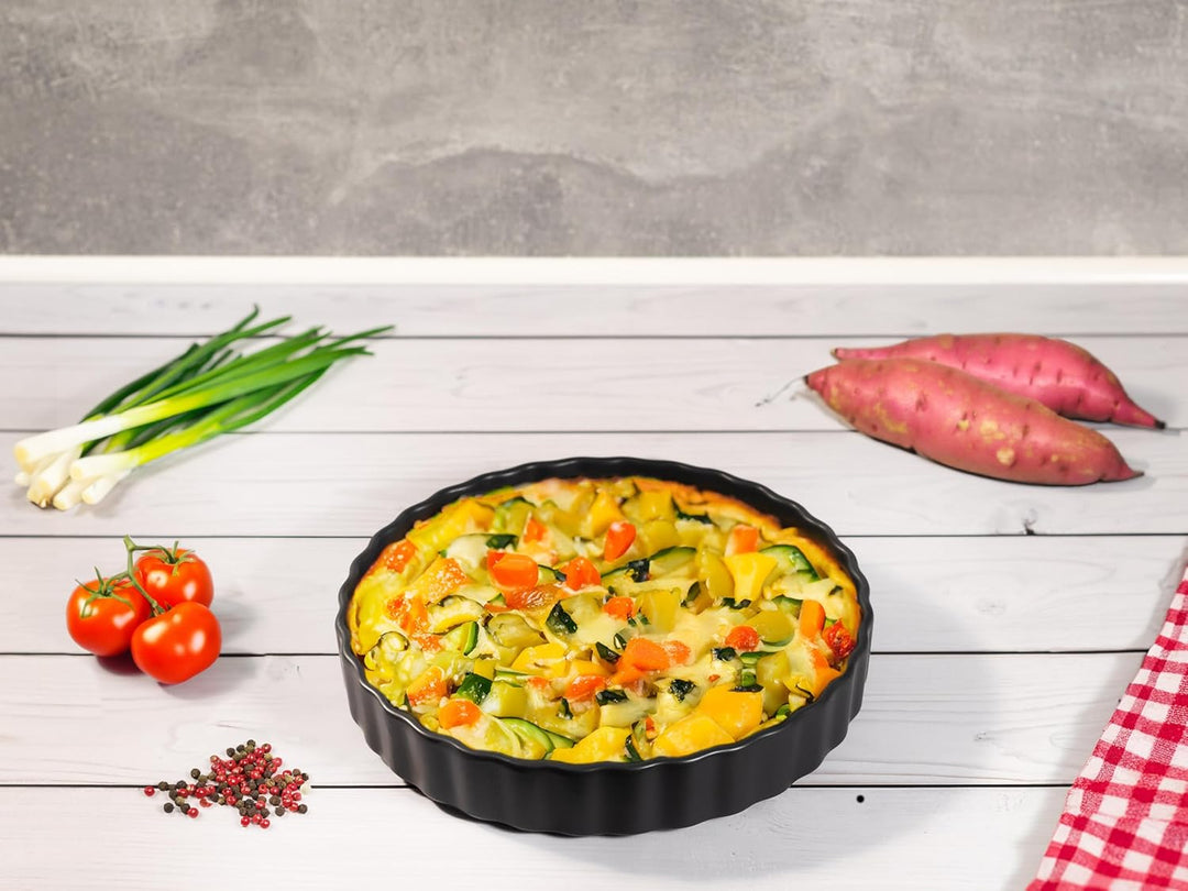 Quicheform Keramik 28 cm – Tarteform rund mit Antihaftbeschichtung und hohem Rand, Obstkuchenform, k