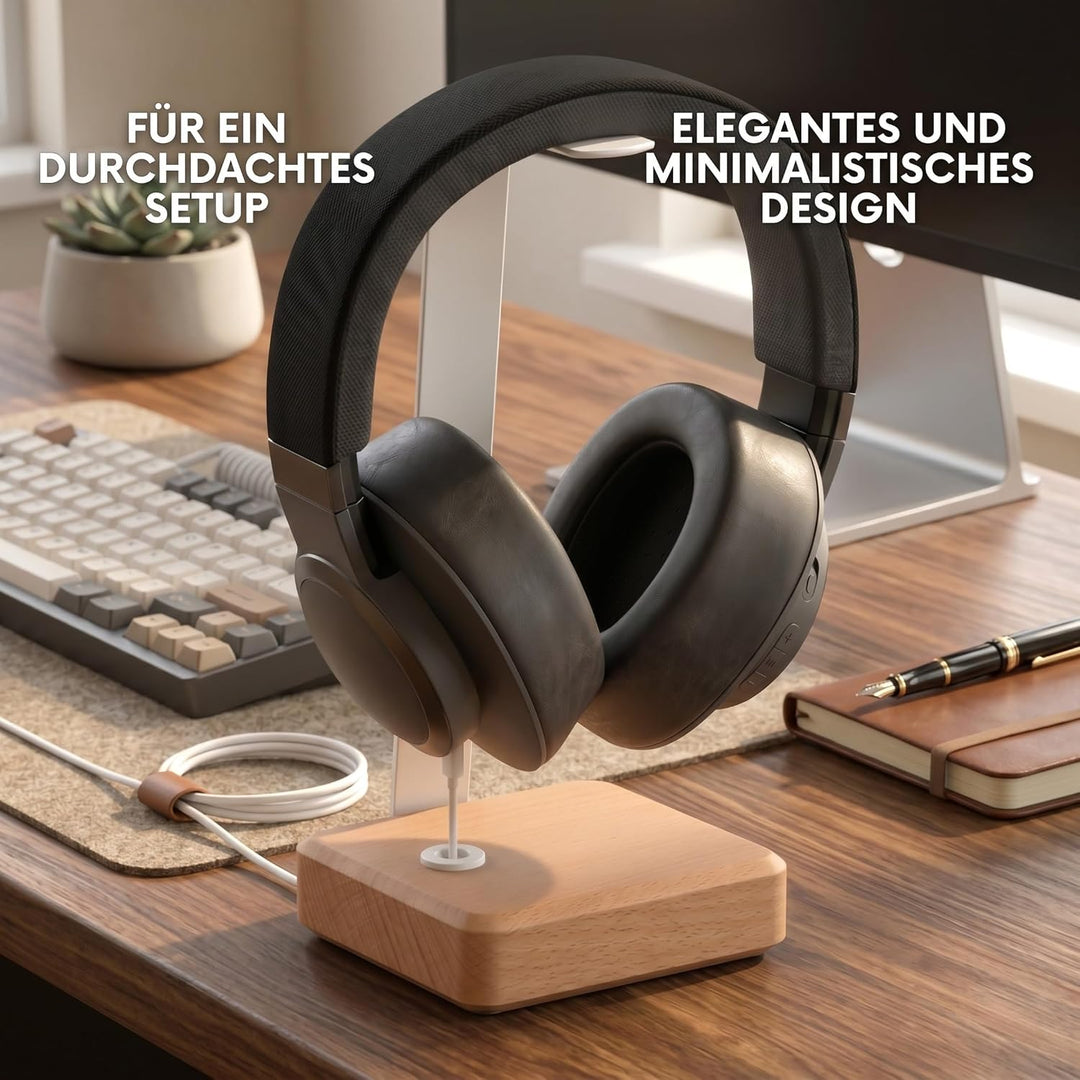 Headset Halterung aus Buchenholz – Kopfhörer Halterung mit schwerem Stahlblech & Lederauflage – Kopf