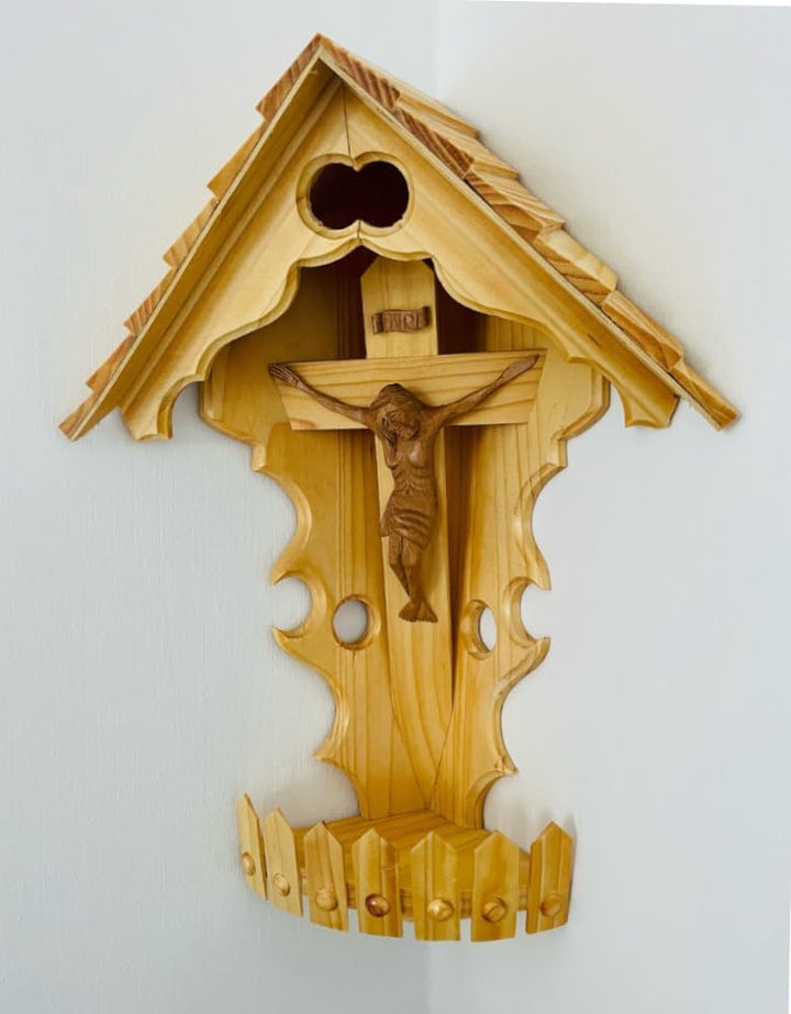DARLUX Handgefertigter Herrgottswinkel Wand-Eck-Kruzifix-Ikone Holz Kreuz Ecke Schrein Jesus Christu