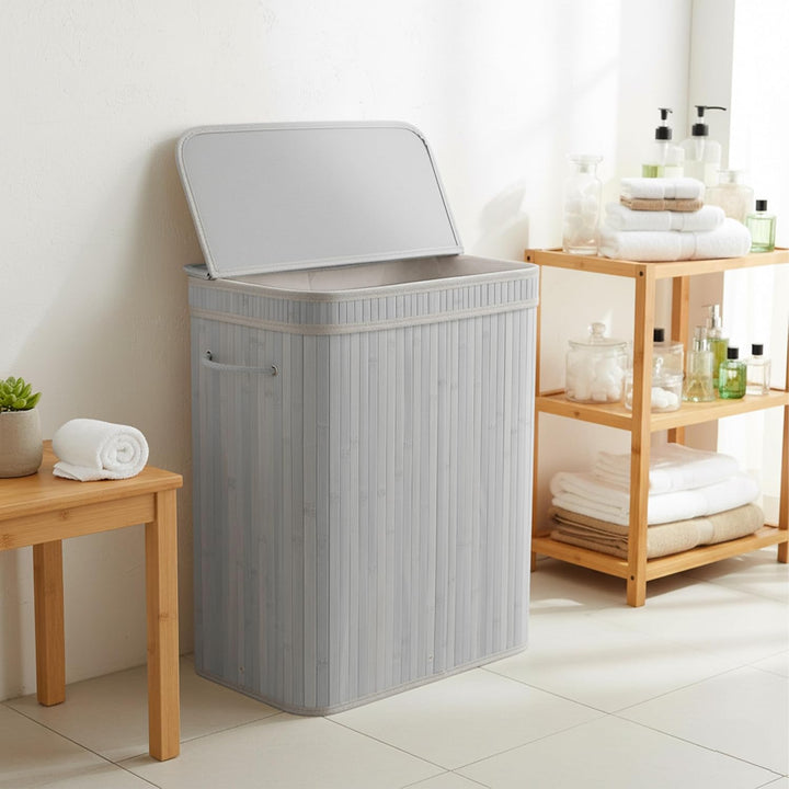 Relaxdays Wäschekorb mit Deckel, Bambus, 100 l, 2 Innenfächer, HxBxT: 63 x 52 x 32 cm, Badezimmer Wä