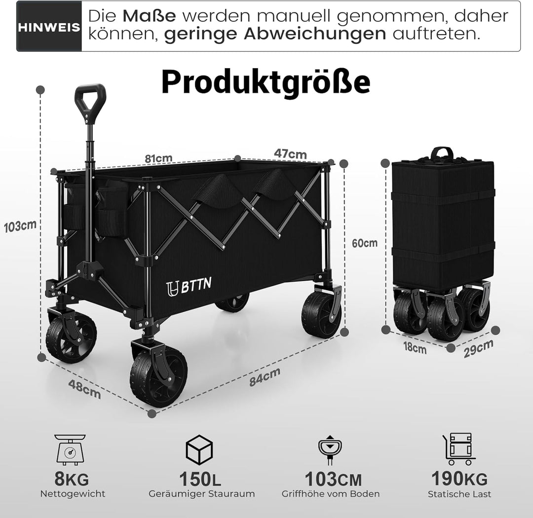 BTTN Bollerwagen faltbar 150L, Handwagen bis 190 kg Traglast, Klappwagen mit grossen 15 × 6 cm Gelän