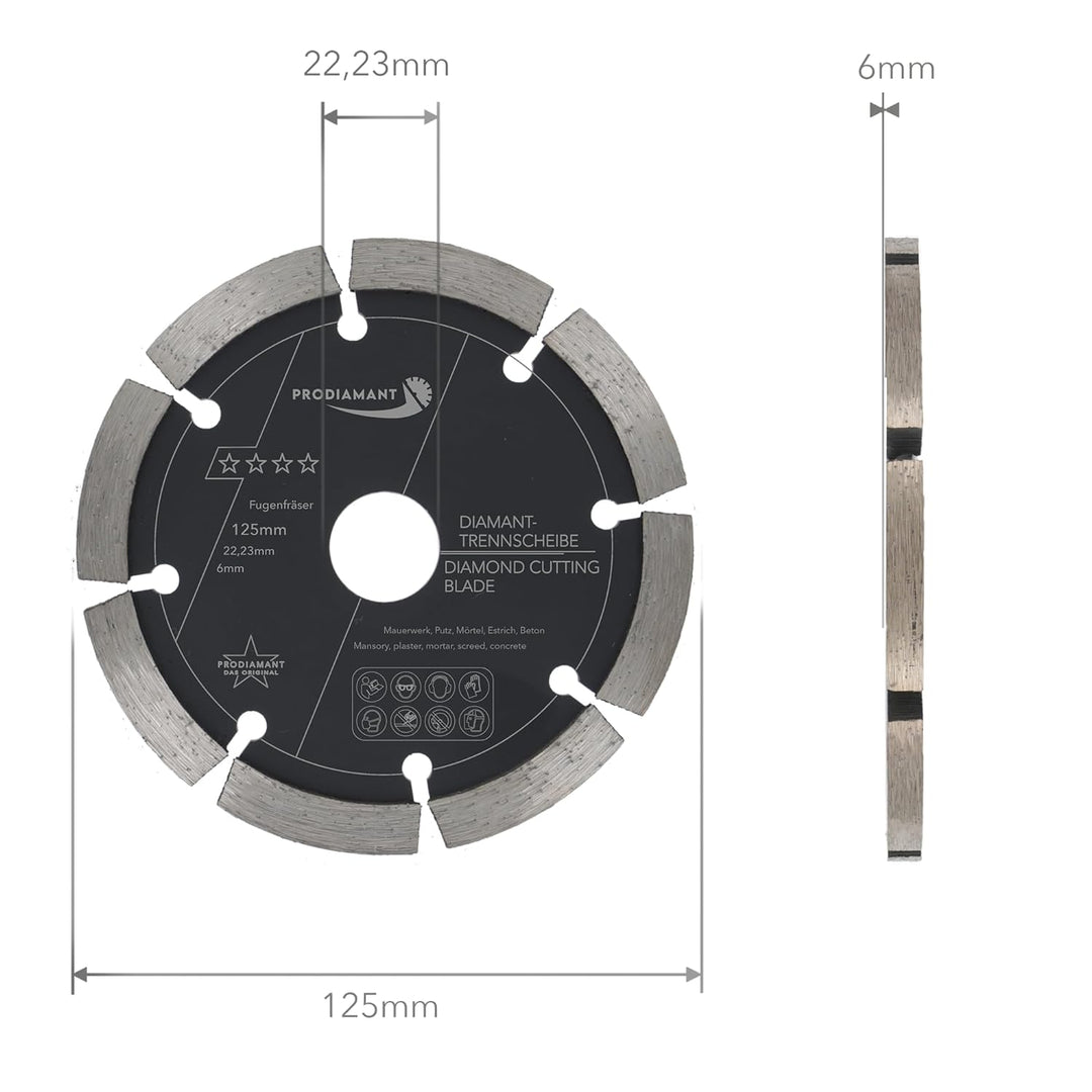 PRODIAMANT Fugenfräser ø 125mm Breite 6mm Frässcheibe für Mauerwerk Mörtel Fugen und Putz 10mm Segme