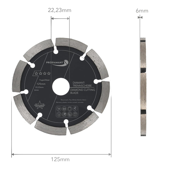 PRODIAMANT Fugenfräser ø 125mm Breite 6mm Frässcheibe für Mauerwerk Mörtel Fugen und Putz 10mm Segme