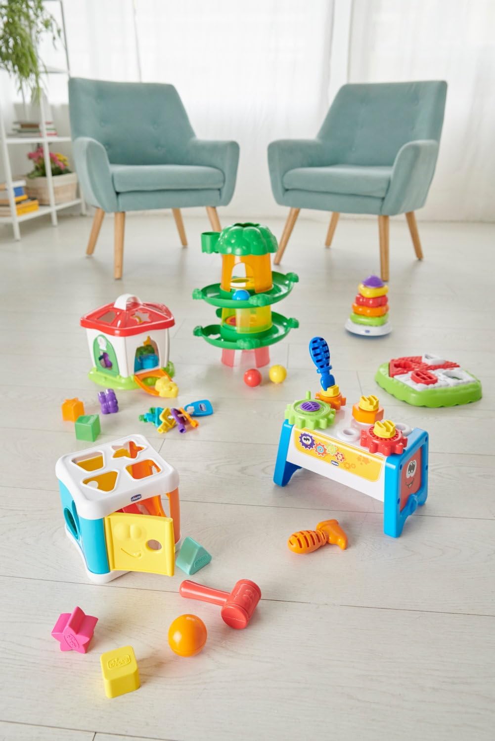 Chicco Tierchenzirkus 2in1, Formensortierer, Motorik Würfel, Aktivitätswürfel mit Ansteigenden Schwi