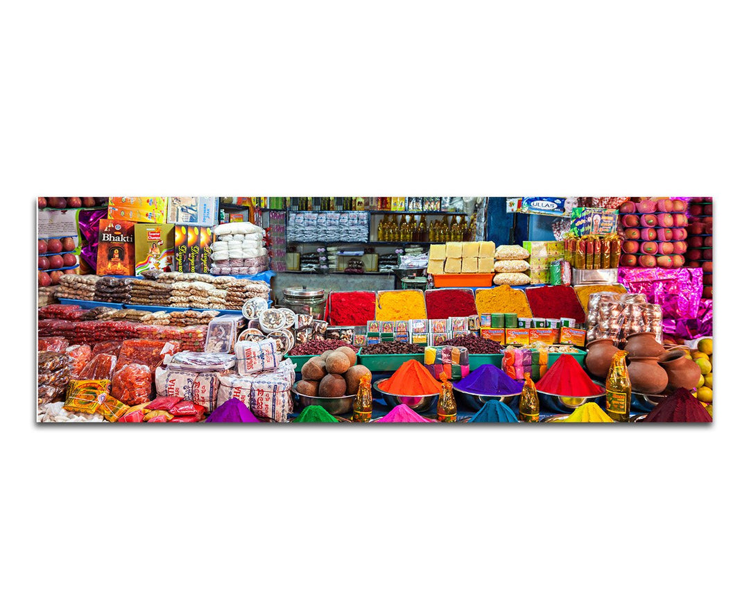 Paul Sinus Art Panoramabild auf Leinwand und Keilrahmen 150x50cm Indien Delhi Marktstand Gewürze bun