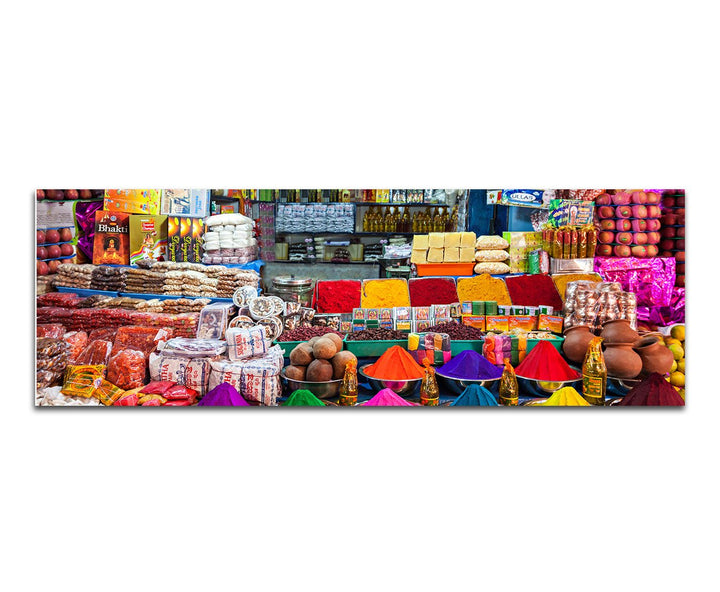 Paul Sinus Art Panoramabild auf Leinwand und Keilrahmen 150x50cm Indien Delhi Marktstand Gewürze bun