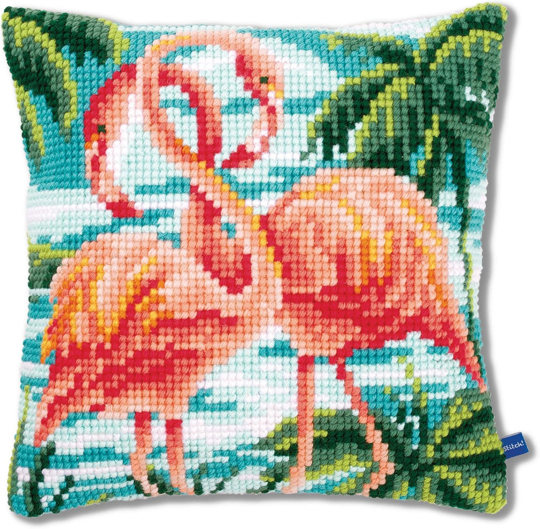 Vervaco Kreuzstichkissen 2 rosa Flamingos Kreuzstichpackung, Stramin, Weiss, 40 x 40 x 0,3 cm