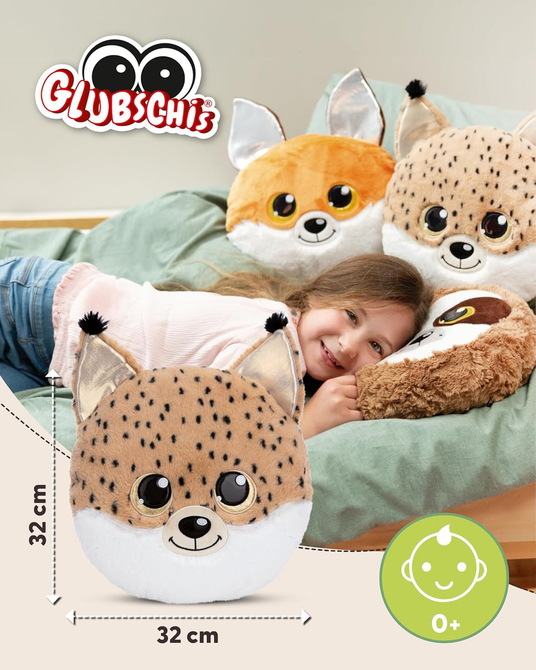 NICI Kuscheltier Kissen GLUBSCHIS Luchs Lenzo 32 x 32 cm - Flauschig-weiches Kuschelkissen für Babys