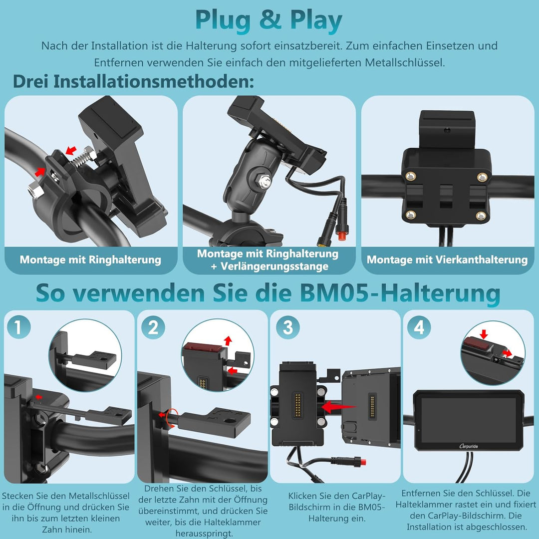Carpuride W602S Pro Motorrad CarPlay Bildschirm mit BM05 für Plug-and-Play, Kabelloses CarPlay & And