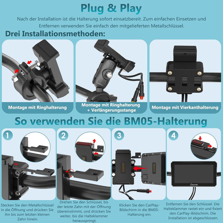 Carpuride W602S Pro Motorrad CarPlay Bildschirm mit BM05 für Plug-and-Play, Kabelloses CarPlay & And