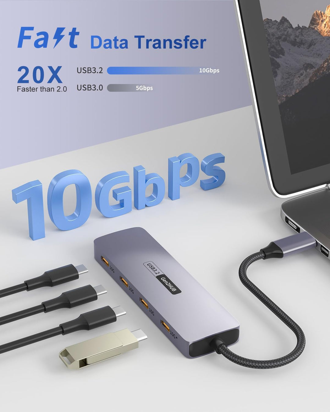 USB C Hub 10 Gbps, 4 IN 1 Adapter mit 4 USB C 3.2 Ports, Hochgeschwindigkeits Multiport Adapter für