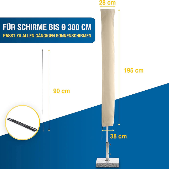 SPRINKS® Sonnenschirm Schutzhülle bis ≤ Ø 300cm - Reissfeste Sonnenschirmhülle mit UV Schutz - Wette