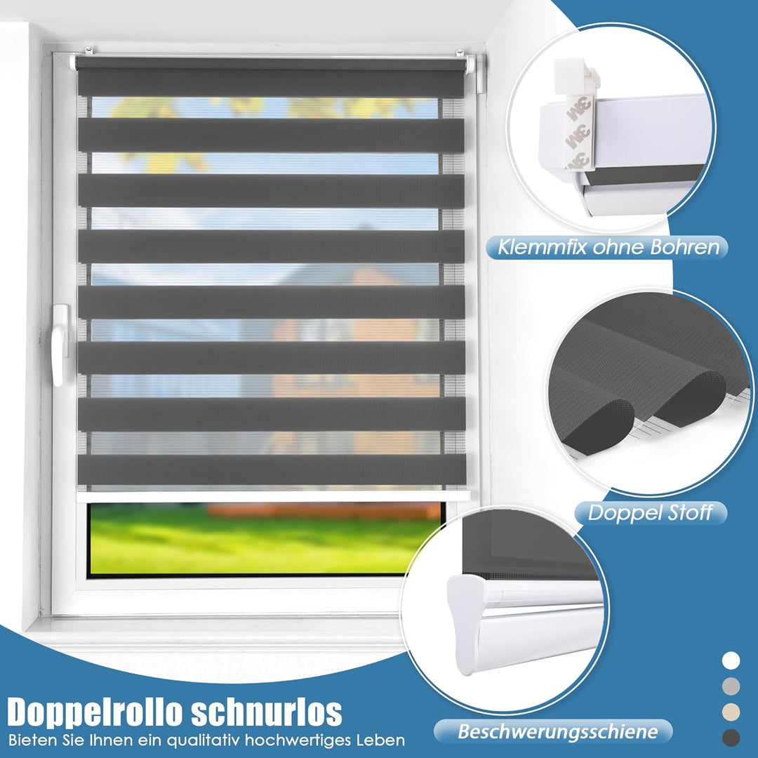 SBARTAR Doppelrollo schnurlos Klemmfix Rollos für Fenster ohne Bohren & zum Bohren, Anthrazit B95 x