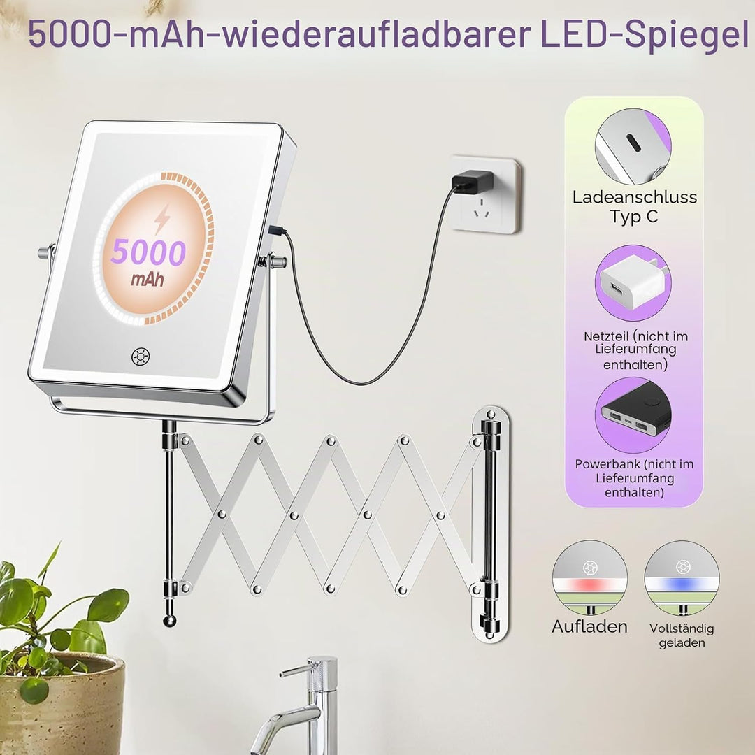 FASCINATE Wiederaufladbarer Wand-Make-up-Spiegel mit Lichtern, 21,6 cm, doppelseitig, 1 x 20-fache V