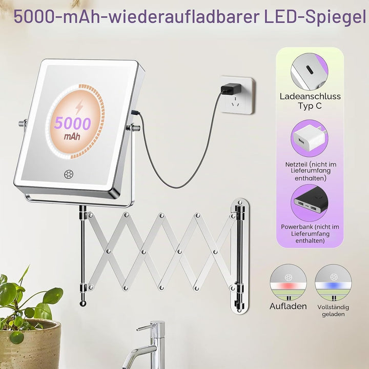 FASCINATE Wiederaufladbarer Wand-Make-up-Spiegel mit Lichtern, 21,6 cm, doppelseitig, 1 x 20-fache V