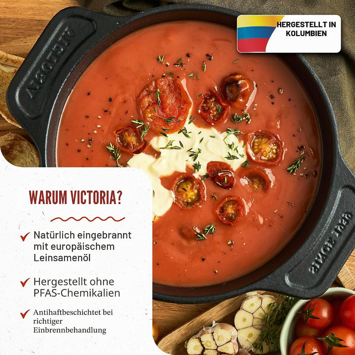 Victoria Dutch Oven aus Gusseisen, mit Deckel und zwei Griffen, gewürzt mit Leinsamenöl, hergestellt