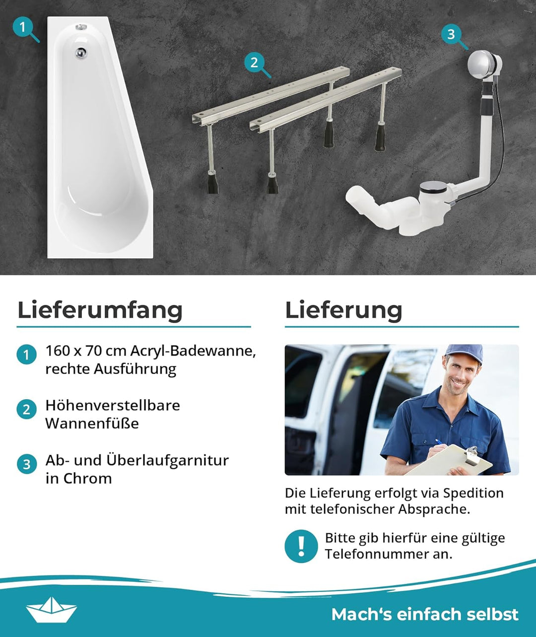 Calmwaters® Raumsparende Eckbadewanne 160x70 cm Essential Small, Made in EU, 3in1 Acryl-Badewanne mi