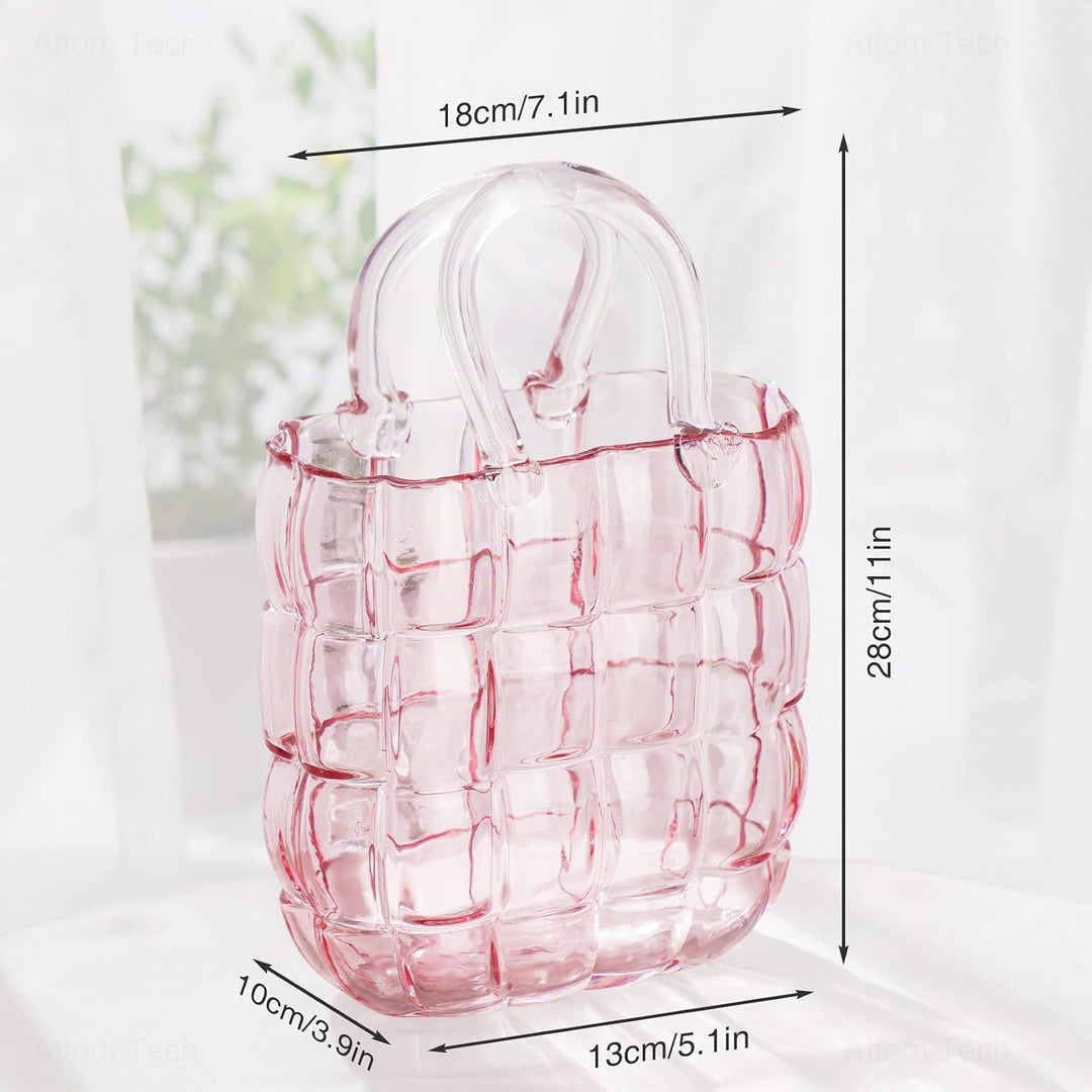 NiHome Glas-Geldbörsen-Vase, rosa Glas-Taschen-Vase mit Griff, Handtaschen-Form, Vase für Blumen, Ba