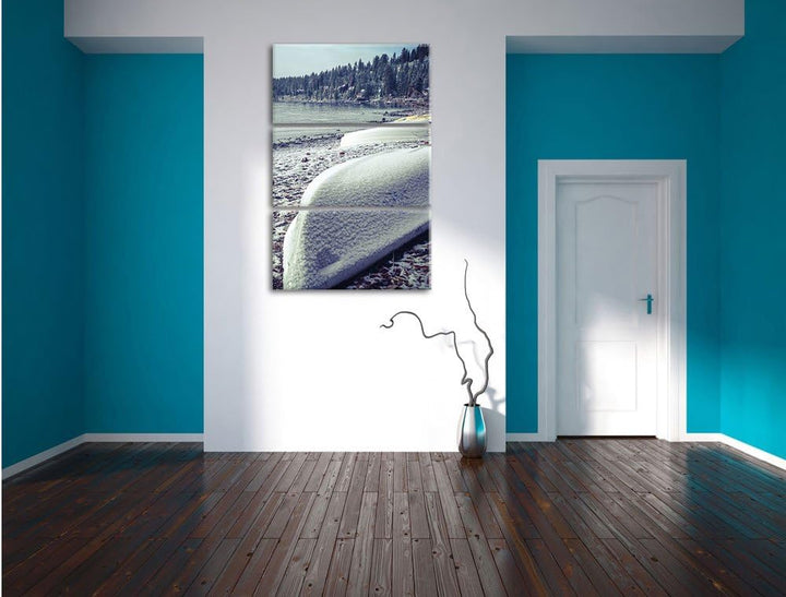 Pixxprint zugeschneite Boote im Winter 3-Teiler Leinwandbild 120x80 Bild auf Leinwand