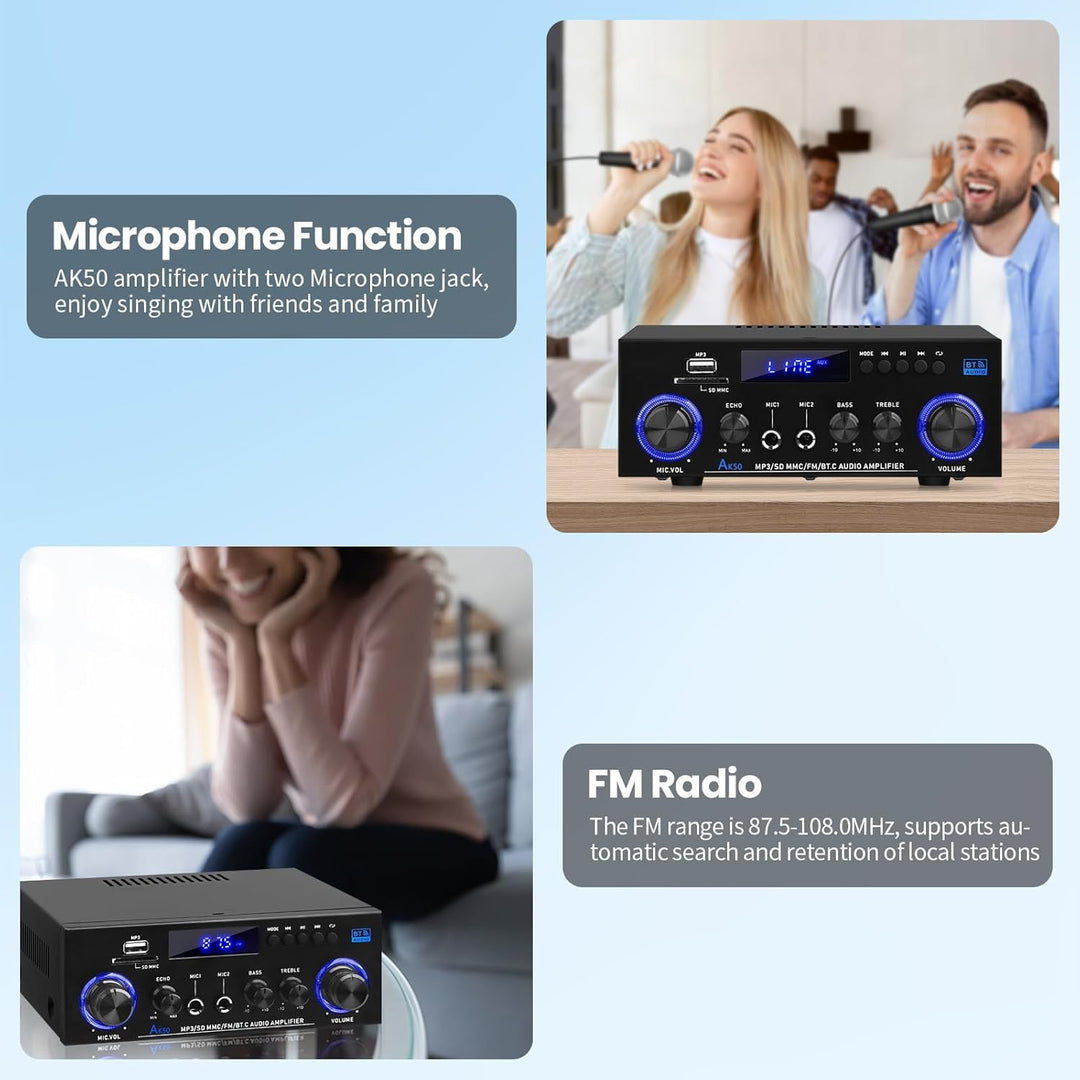 AK50 HiFi-Verstärker mit Bluetooth RMS 60WX2 Stereo Audio Verstärker Empfänger 2.0 Kanal Max 400W Au