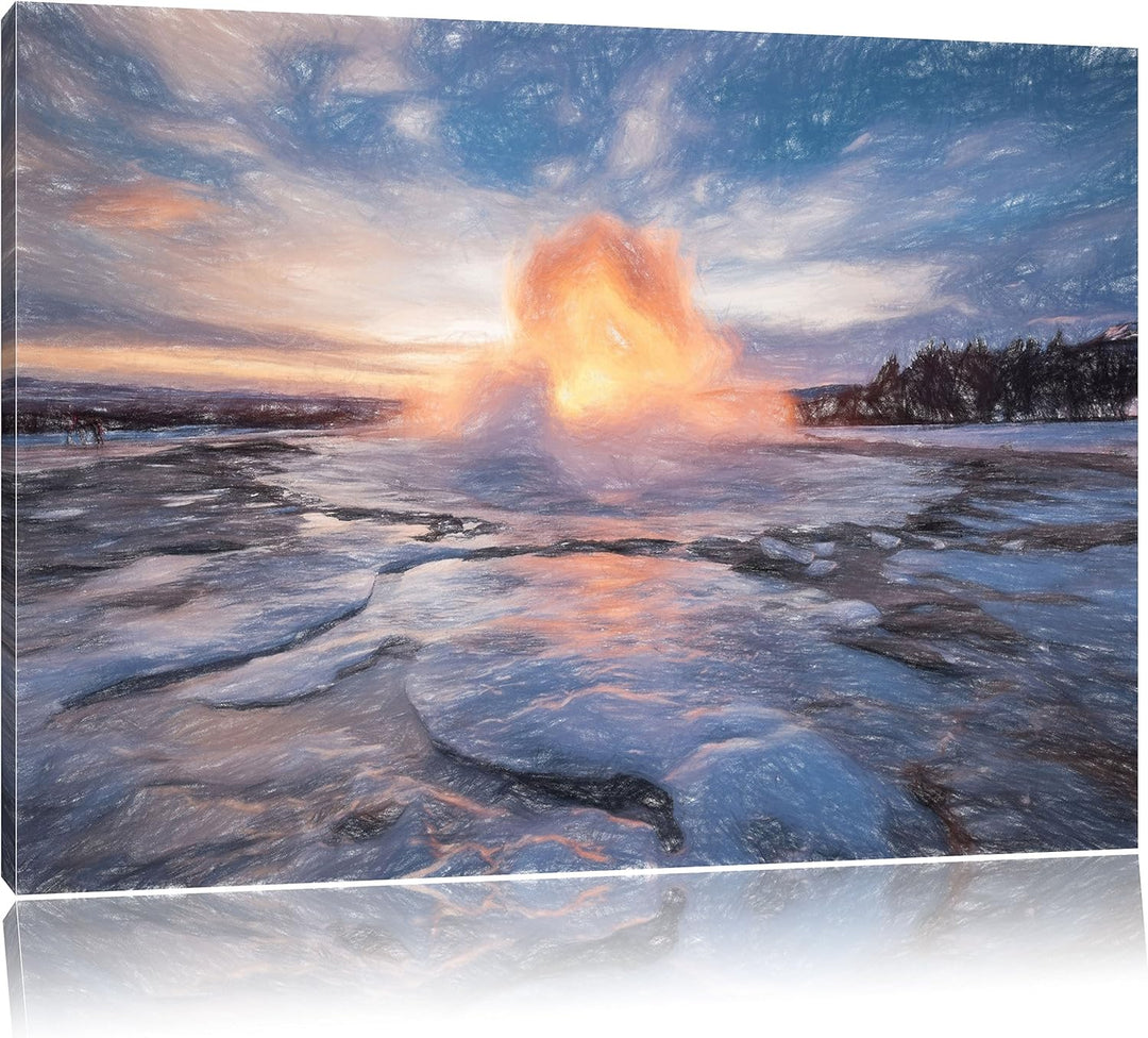 Pixxprint Heisse Quelle in Island Kunst Buntstift Effekt, Format: 100x70 auf Leinwand, XXL riesige B