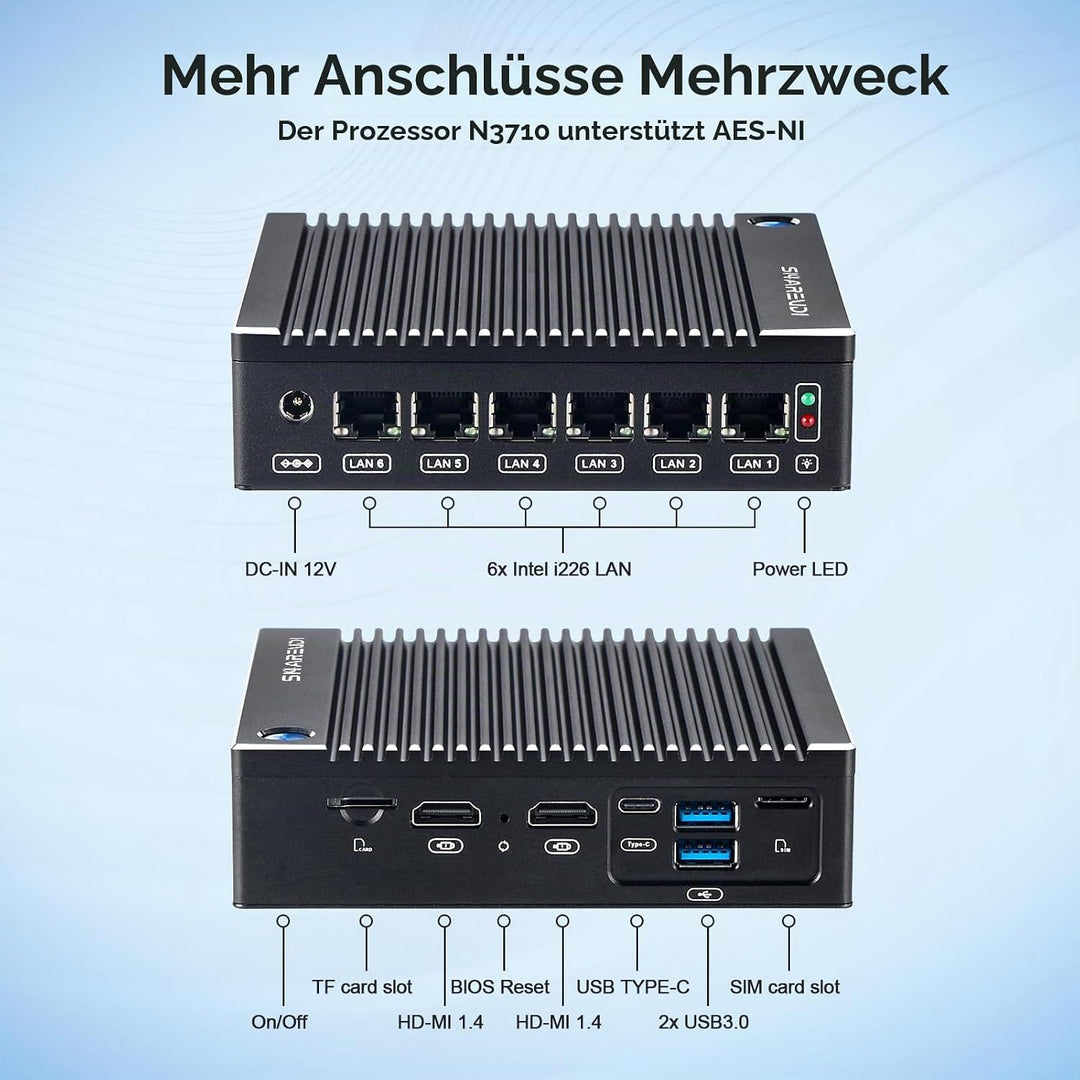 Micro Firewall Appliance, Lüfterloser Mini PC Intel N3700 4Cores/4Threads, 6X Intel 2.5 GbE i226-V L