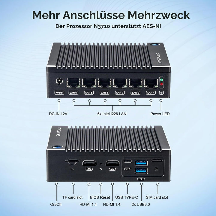 Micro Firewall Appliance, Lüfterloser Mini PC Intel N3700 4Cores/4Threads, 6X Intel 2.5 GbE i226-V L