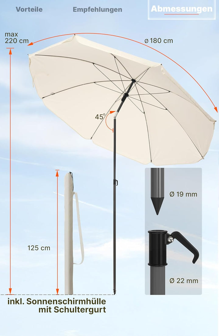 4smile Sonnenschirm für Strand und Balkon Ø 180 cm, Beige - UPF 50+ Balkonschirm SunnyJoy, Strandsch