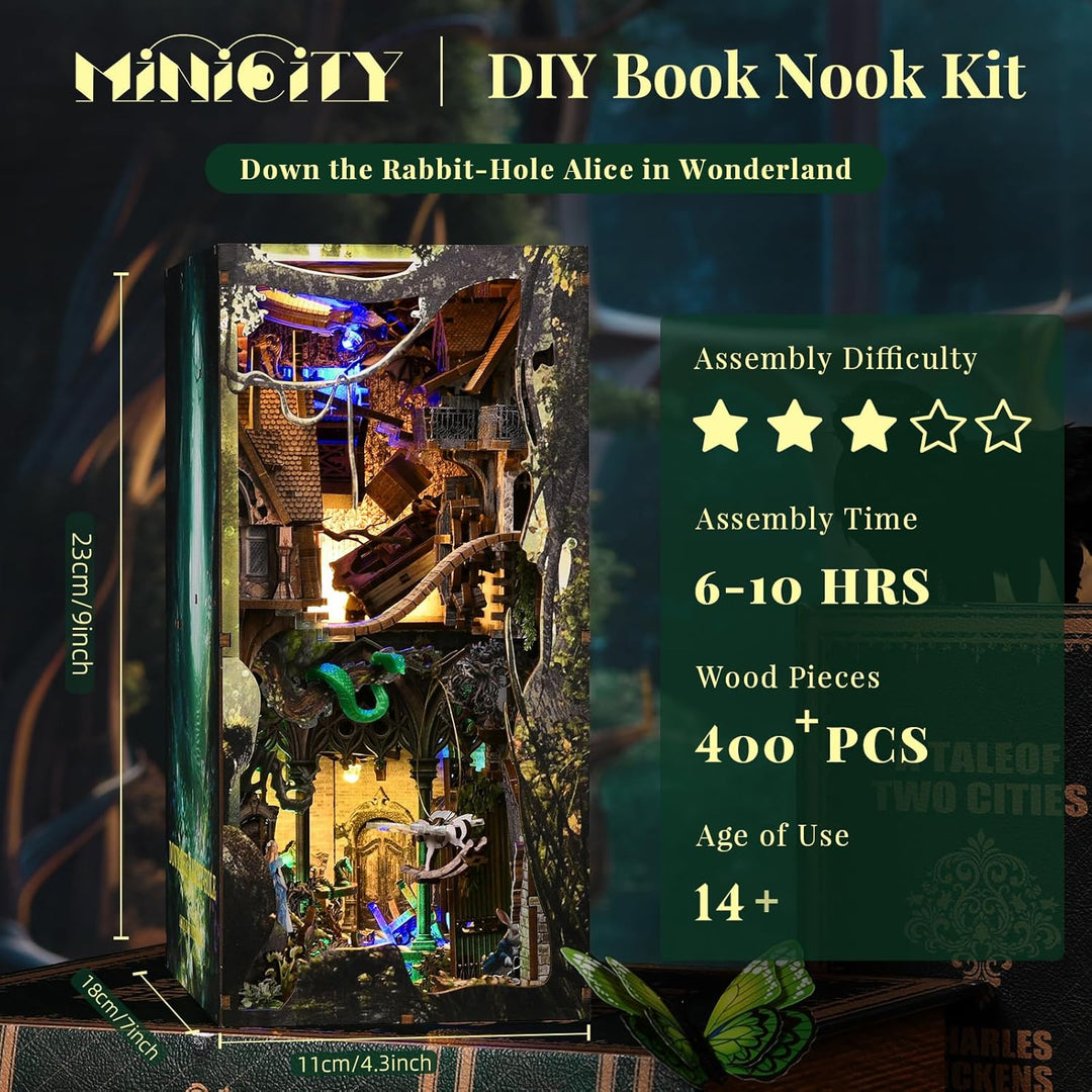 MiniCity Book Nook Kit, DIY Miniatur Puppenhaus Booknook Kit(Down The Rabbit-Hole Alice in Wonderlan