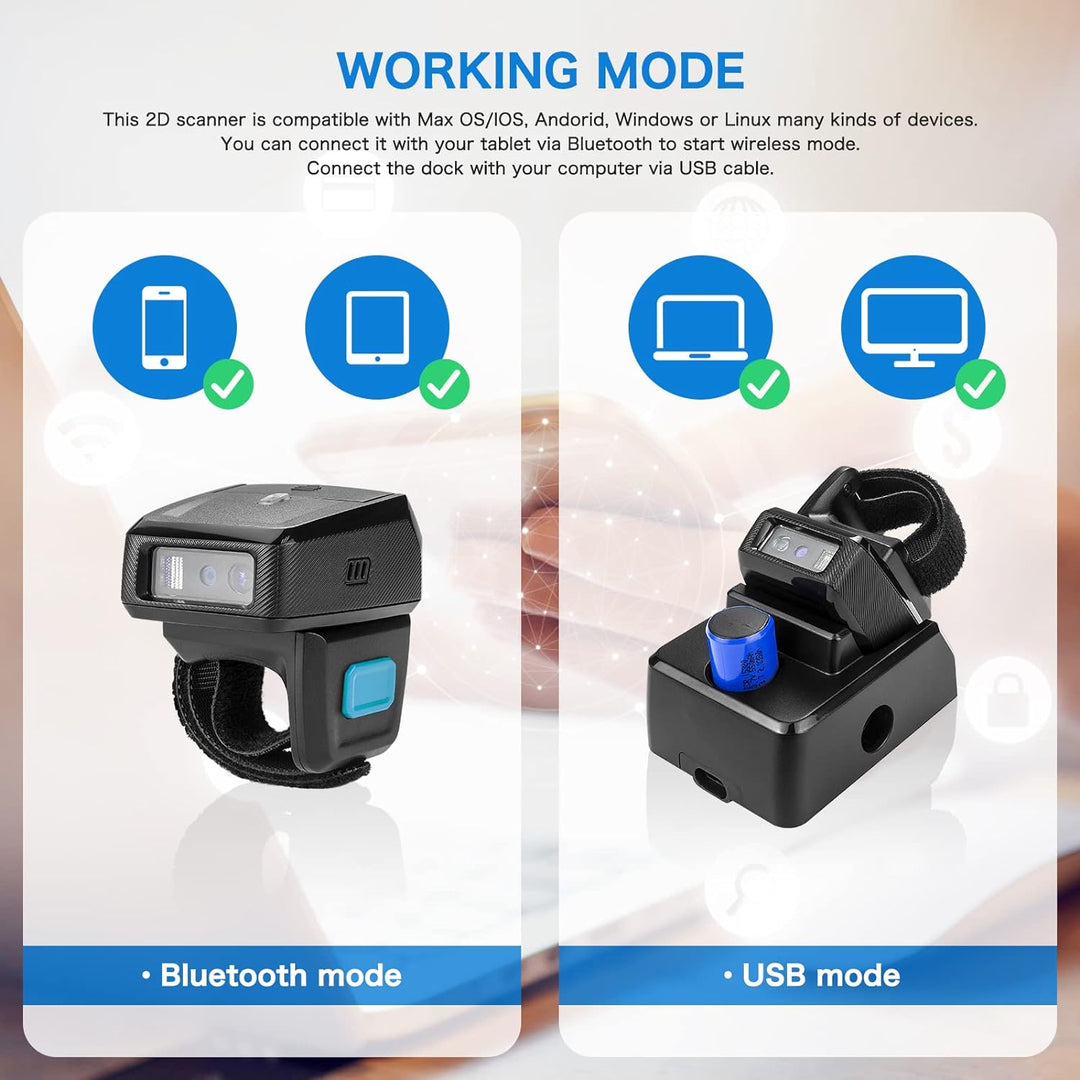 NETUM Mini Wireless 2D Ring Barcode Scanner Bluetooth, tragbarer Barcodeleser mit Ladestation und in