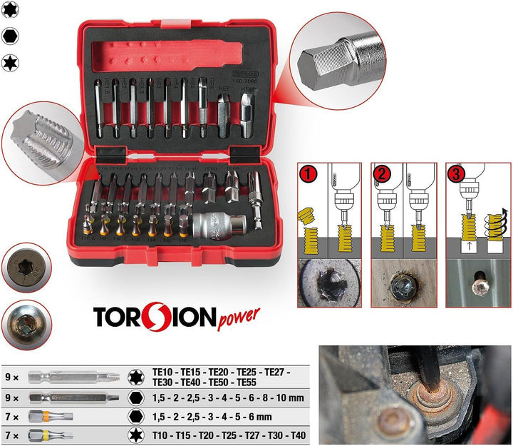 KS Tools 150.7060 1/4" + 10 mm Torx- und Innensechskant-Schrauben-Ausdreher-Satz, 34-tlg