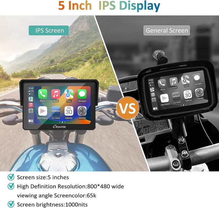 Carpuride W502 Motorrad GPS Drahtlose Tragbare Apple Carplay&Android Auto, 5 Zoll IPS wasserdichte T