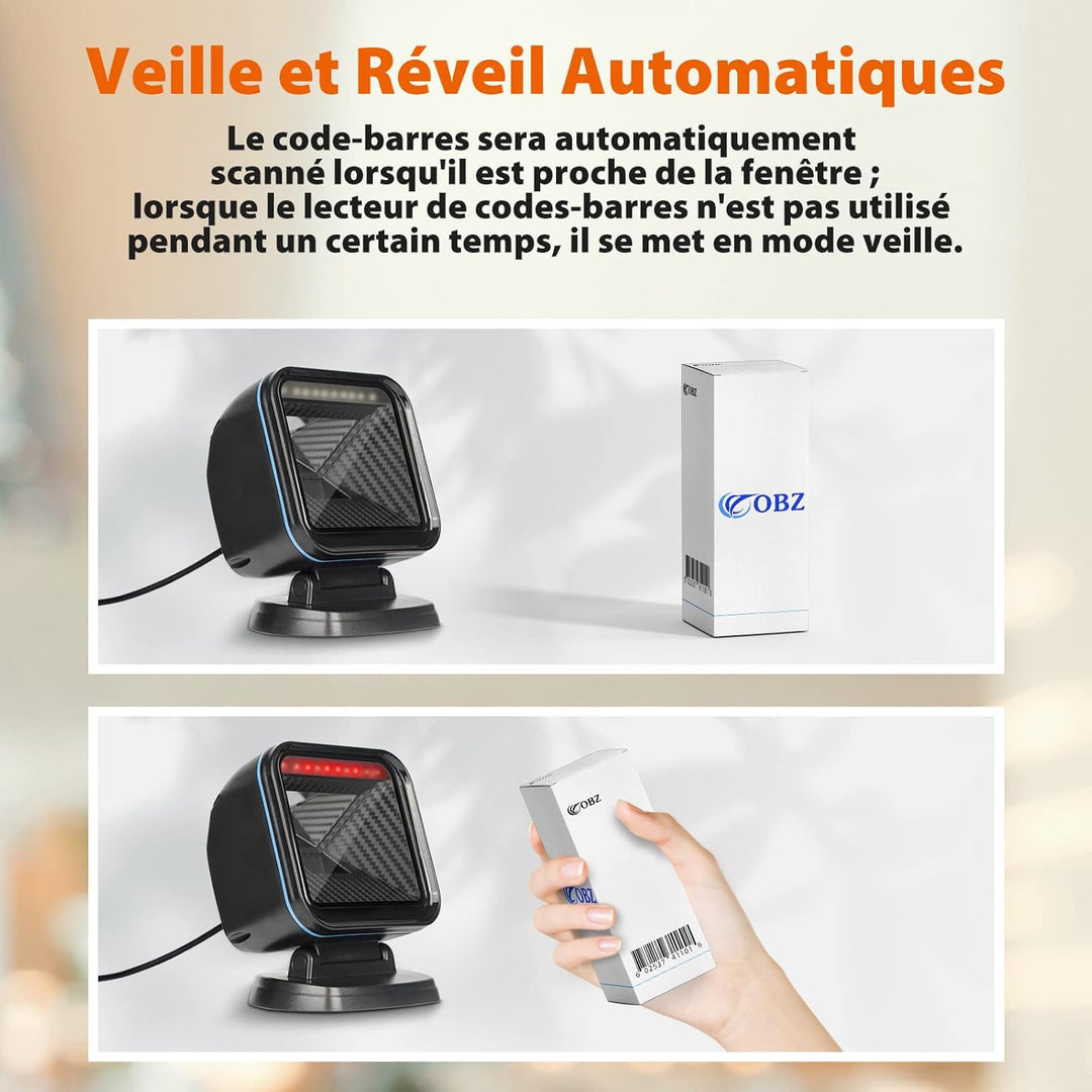 OBZ Desktop Barcode Scanner USB, QR Code Scanner mit Weitwinkel, Automatischer Hands-Free Scanner fü