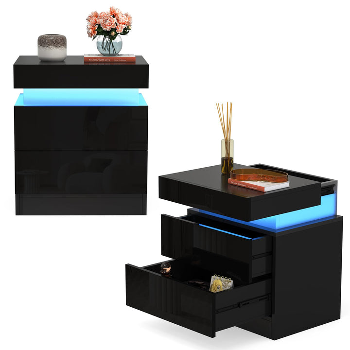 Lvhcmfohm Nachttisch Schwarz 2er Set, Nachtschrank mit Led Licht, Nachtkommode mit 2 Schubladen und