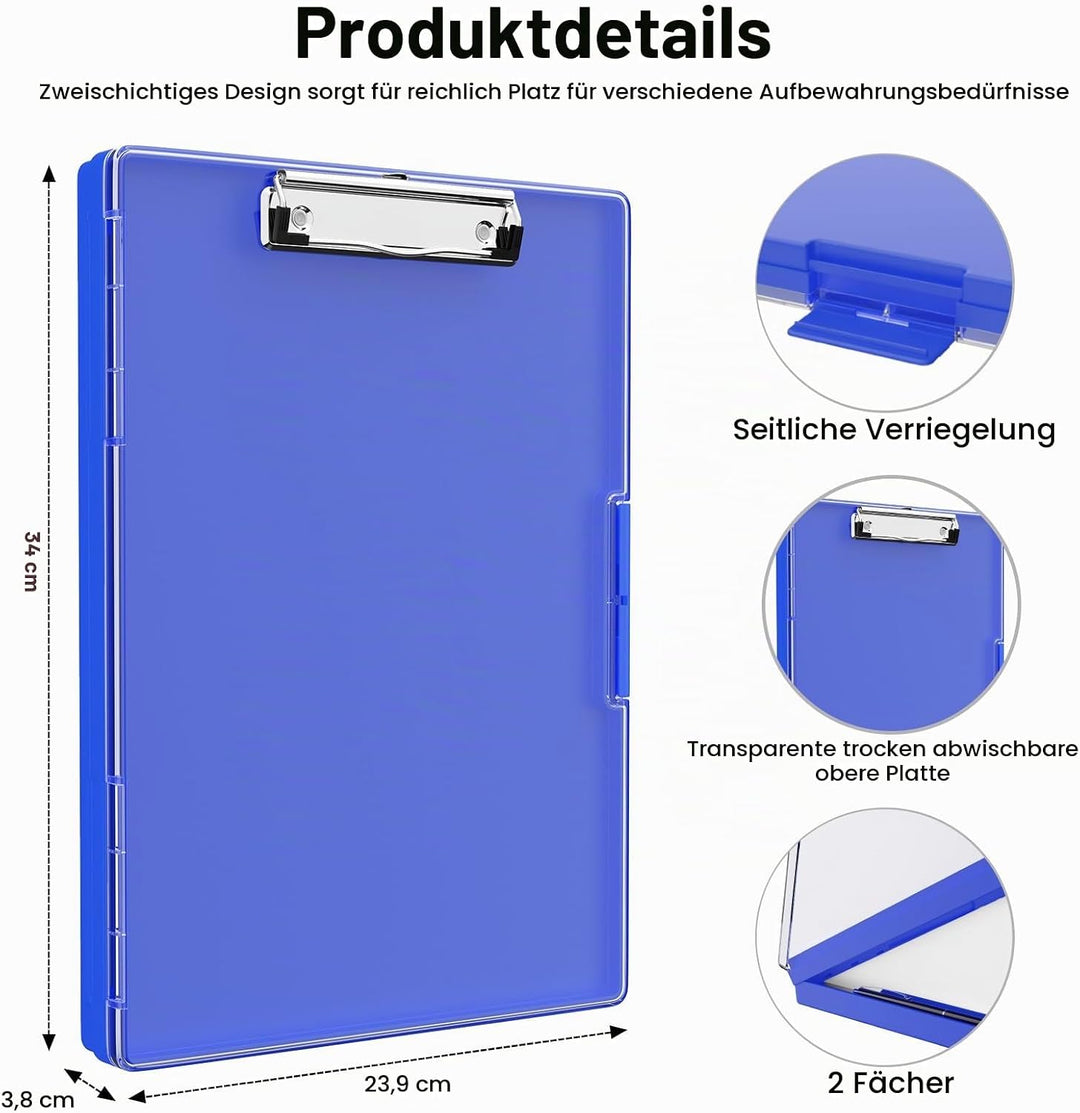 Piasoenc Klemmbrett mit Aufbewahrung, Klemmbretter mit 2 Aufbewahrungsboxen und A4-Papierordner, kla