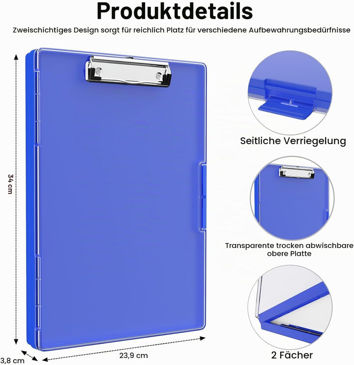 Piasoenc Klemmbrett mit Aufbewahrung, Klemmbretter mit 2 Aufbewahrungsboxen und A4-Papierordner, kla