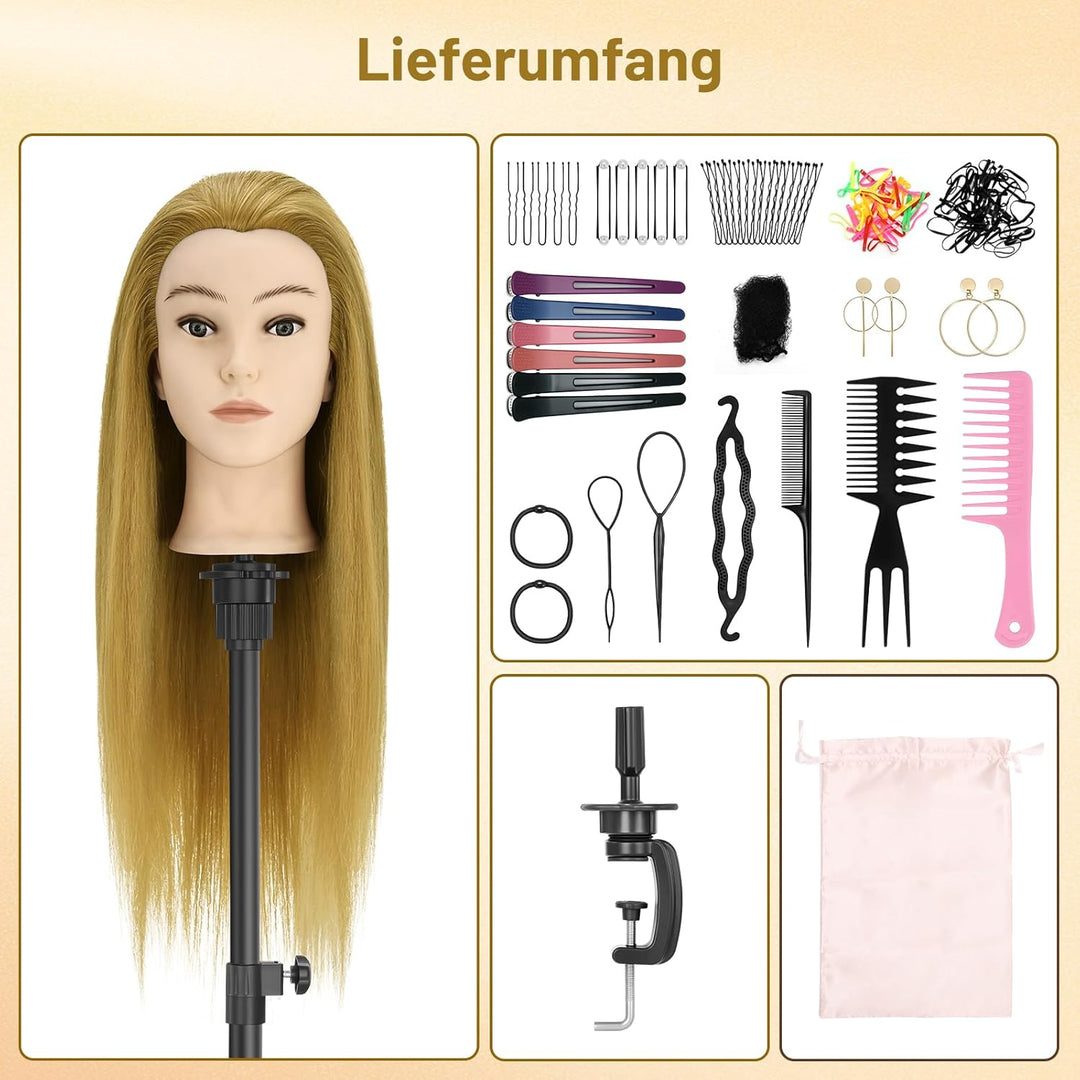 TwoWin Friseurkopf Echthaar mit Ohrlöchern, 60 cm (24 Zoll) 80% Haaren Mannequin Frisierkopf, Traini